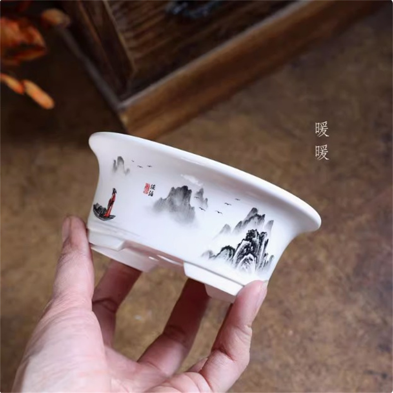 Bonsai Garden Chinese Garden - Porcelain White Oval Bonsai Pot,Mini Pot,Round,Small